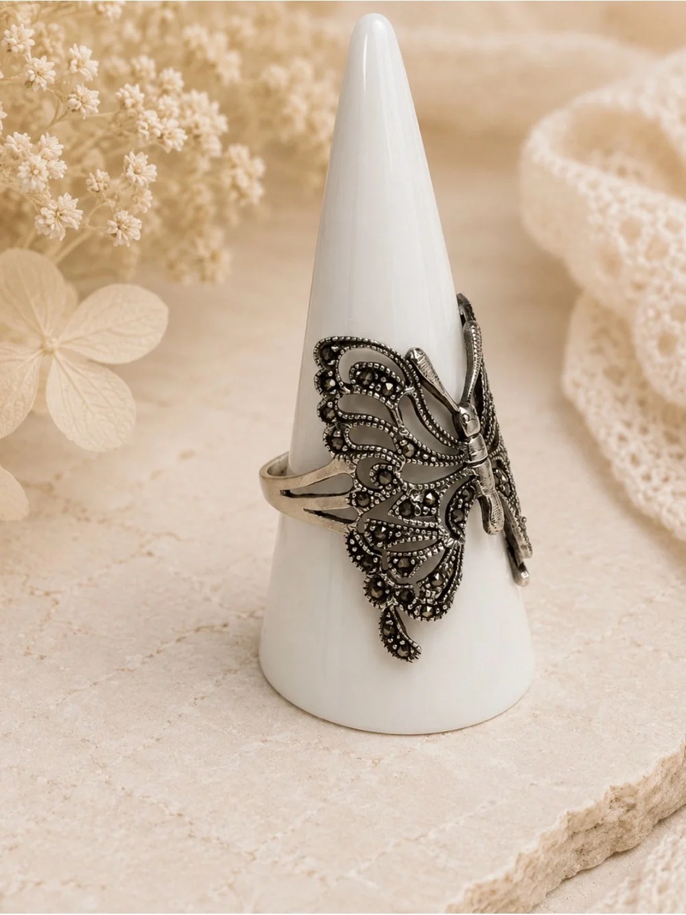 Silver Metal Marcasite Large Butterfly Ring Size 9.5